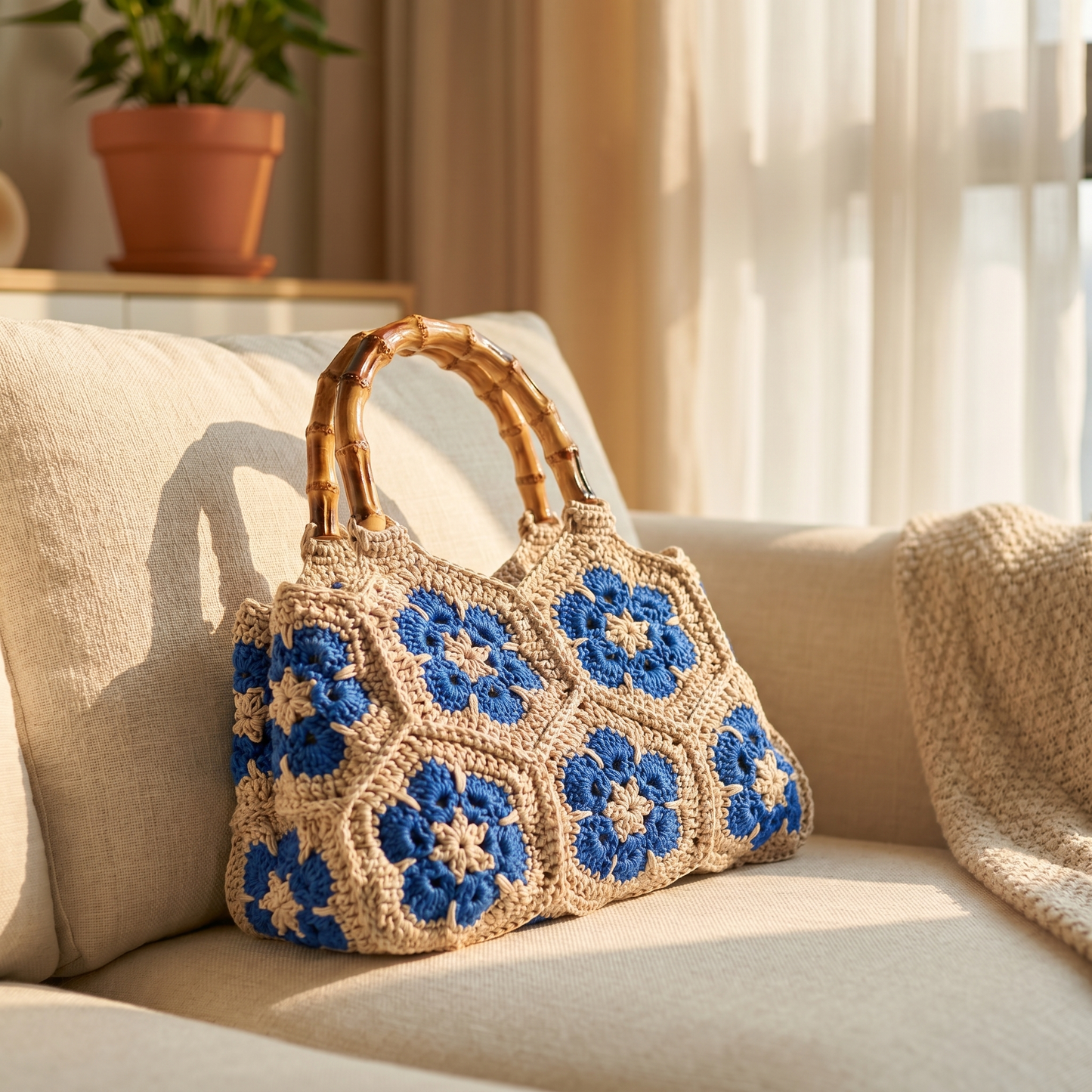 Two HopeKnot crochet tote bags styled together, cream cobalt and teal cream colourways
