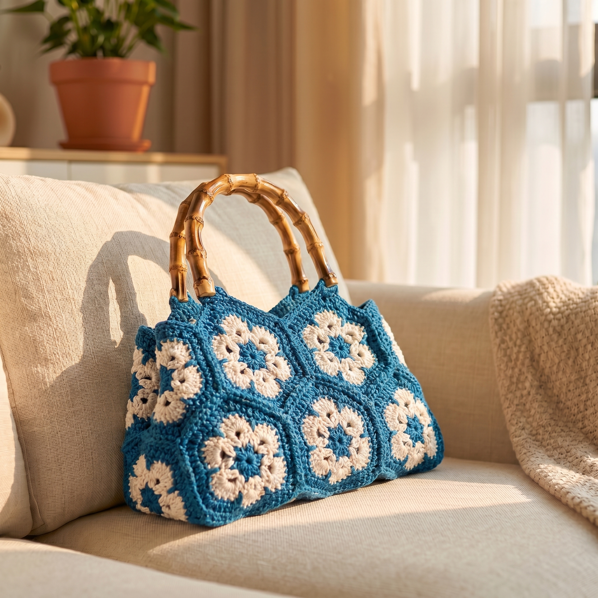 HopeKnot Tote crochet handbag with cream and cobalt blue floral granny squares and bamboo handle, on cream linen