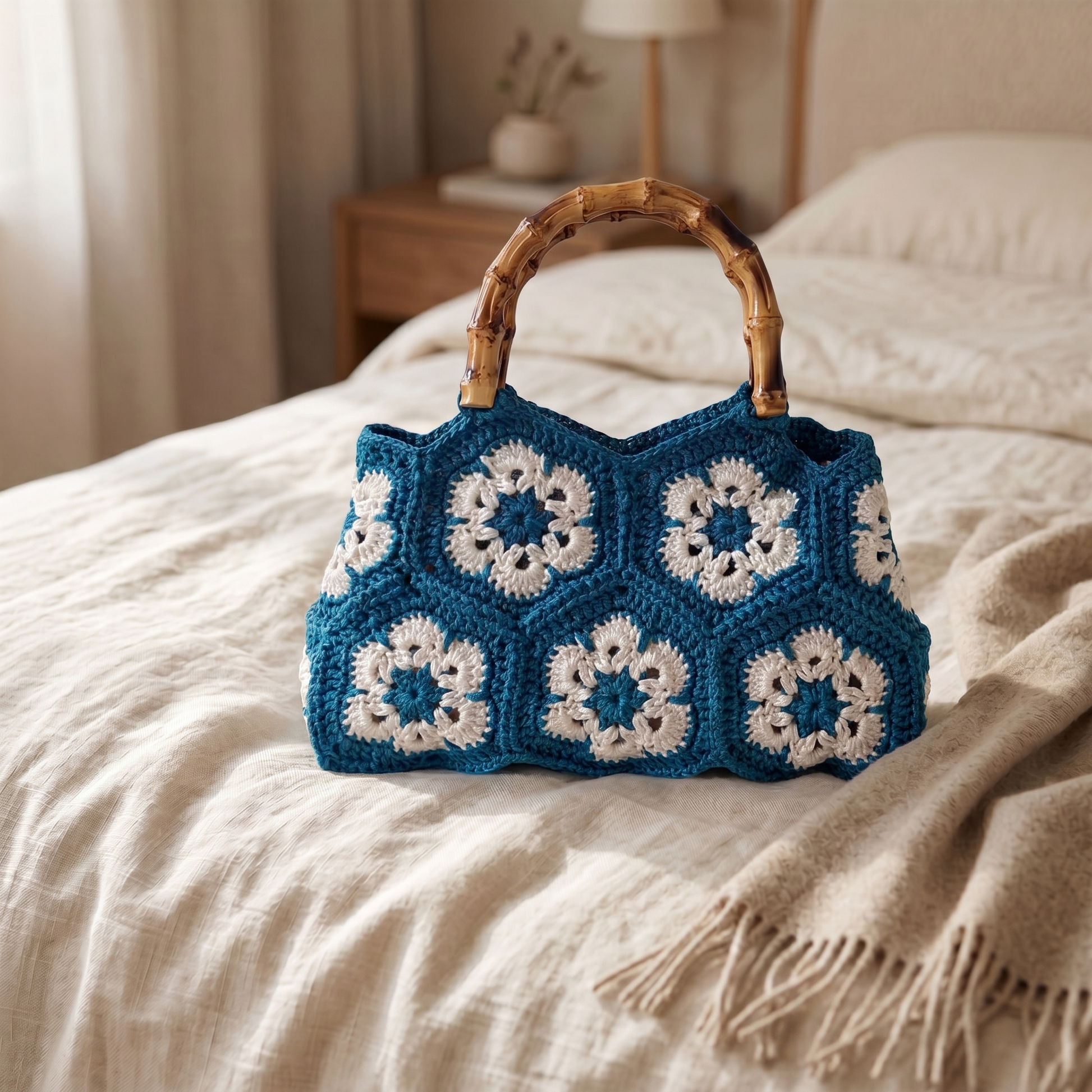 HopeKnot Tote in deep teal crochet with cream floral granny squares and curved bamboo handle